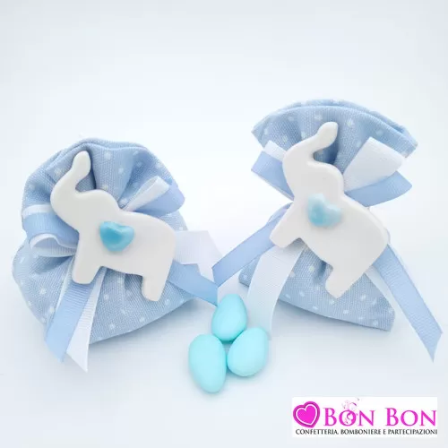 Sacchetti nascita e battesimo linea pois celeste con elefante Liete Creazioni - 1