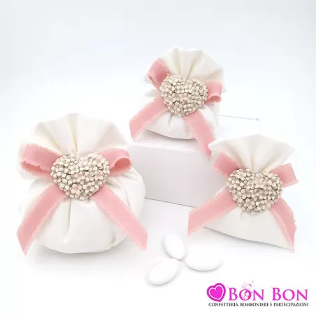 Sacchetti porta confetti per matrimonio in cotone panna doppio con cuore - 1