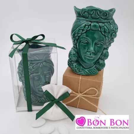 Bomboniera siciliana testa di moro con limoni verde - 1