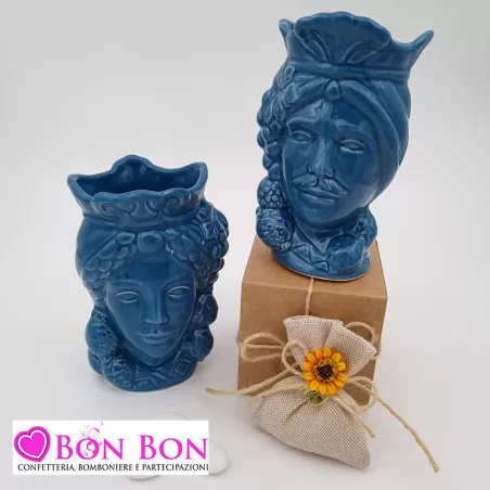 Bomboniera siciliana testa di moro con limoni blu - 1