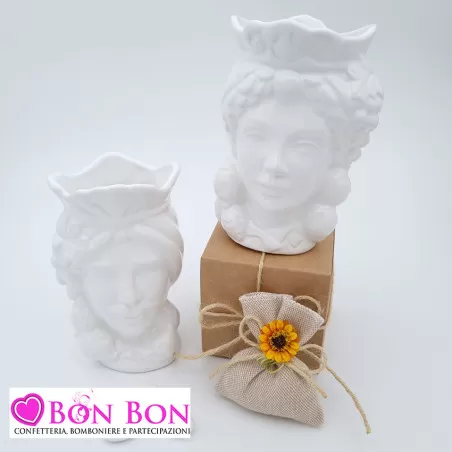 Bomboniera siciliana testa di moro con limoni bianca - 1