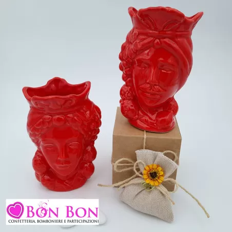 Bomboniera siciliana testa di moro con limoni rossa - 1