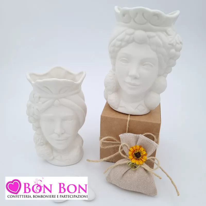 Bomboniera siciliana testa di moro con limoni bianca opaca - 1