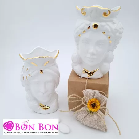 Bomboniera siciliana testa di moro con limoni bianca con perfilo oro - 1