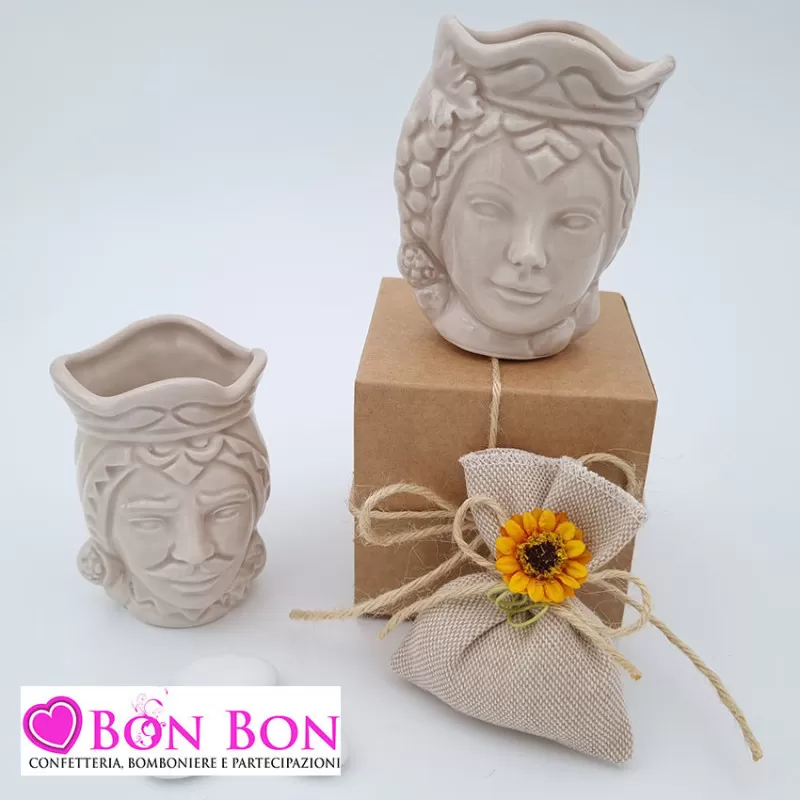 Bomboniera siciliana testa di moro caspò tortora lucida piccola - 1
