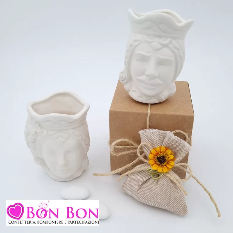 Bomboniera siciliana testa di moro caspò bianca opaca piccola - 1