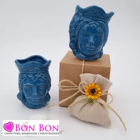 Bomboniera siciliana testa di moro caspò blu lucida piccola - 1