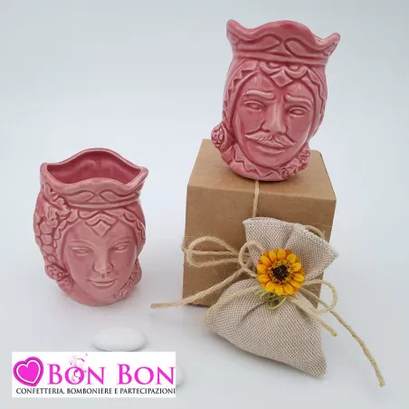 Bomboniera siciliana testa di moro caspò rosa lucida piccola - 1