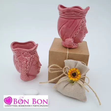 Bomboniera siciliana testa di moro caspò rosa lucida piccola - 2