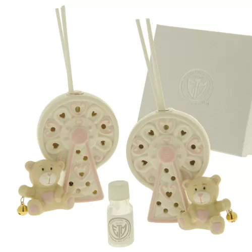 Bomboniera nascita e battesimo profumatore ruota panoramica con orsetto rosa ETM - 1