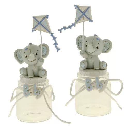 Barattolino in vetro con tappo in sughero avorio con elefantino cielo e aquilone ETM - 1