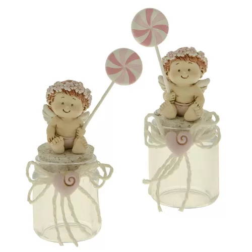 Barattolino in vetro con tappo in sughero avorio con angioletto e girandola rosa ETM - 1