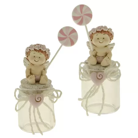 Barattolino in vetro con tappo in sughero avorio con angioletto e girandola rosa ETM - 1