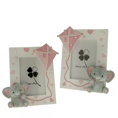 Bomboniera nascita e battesimo portafoto elefantino con aquilone rosa ETM - 1