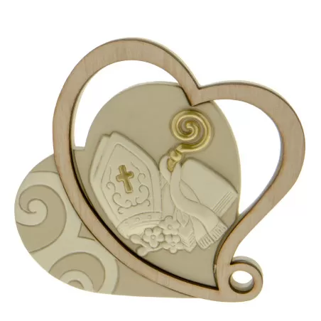 Bomboniera cresima doppio cuore resina e legno con icona cresima 11 cm ETM - 1
