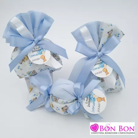 Sacchettini nascita bimbo linea orsetti bicolore celeste con tag - 1