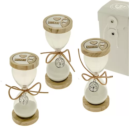 Bomboniera matrimonio clessidra con ciondolo e base in legno ETM - 1