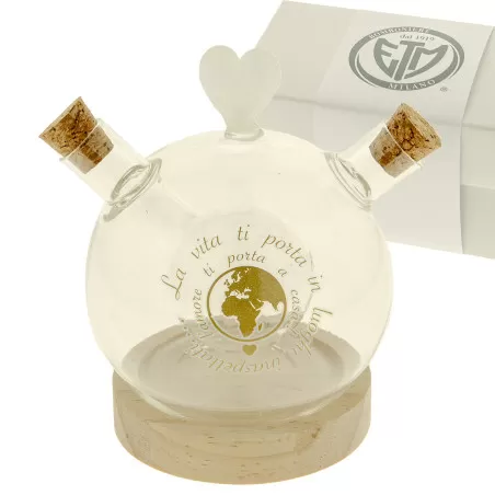 Bomboniera gastronomica oliera grande in vetro con mondo e frase matrimonio ETM - 1
