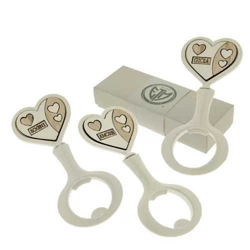 Bomboniera matrimonio apri bottiglia bianco con dettagli in legno ETM - 1