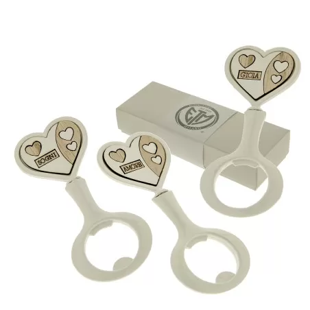 Bomboniera matrimonio apri bottiglia bianco con dettagli in legno ETM - 1