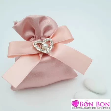 Sacchetto porta confetti per matrimonio in raso rosa antico con cuore strass - 1