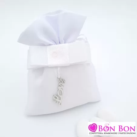 Sacchetto porta confetti per matrimonio bianco con fiocco con scritta love - 1