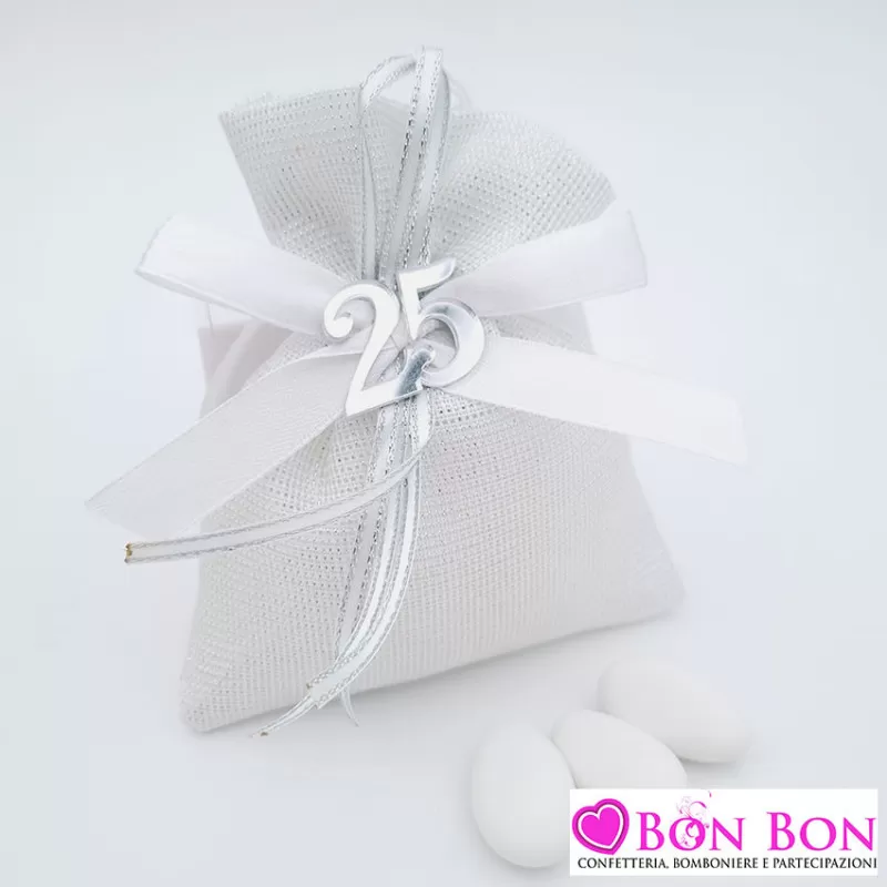 Sacchetto porta confetti per nozze d´Argento argentato con numero 25 - 1