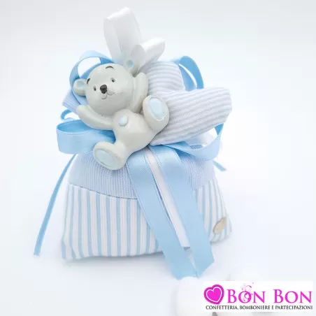 Sacchetto porta confetti nascita e battesimo a righe con magnete orsetto celeste Infinito - 1