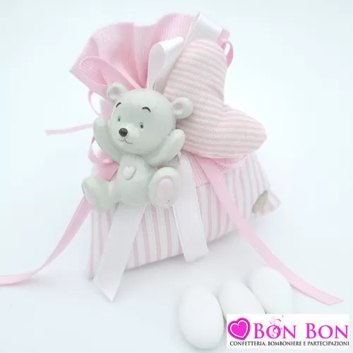 Sacchetto porta confetti nascita e battesimo a righe rosa con magnete orsetto Infinito - 1