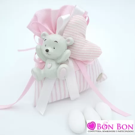 Sacchetto porta confetti nascita e battesimo a righe rosa con magnete orsetto Infinito - 1