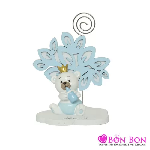 Bomboniera nascita e battesimo portafoto con clip albero della vita con orsetto celeste Harmony - 1