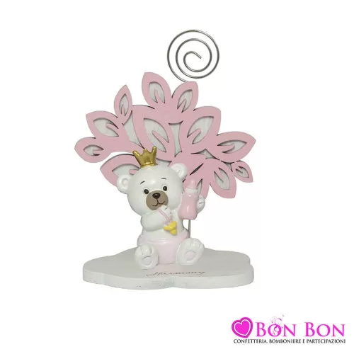 Bomboniera nascita e battesimo portafoto con clip albero della vita con orsetto rosa Harmony - 1