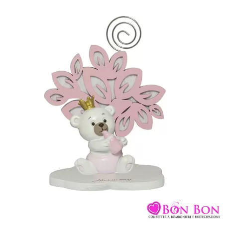 Bomboniera nascita e battesimo portafoto con clip albero della vita con orsetto rosa Harmony - 3