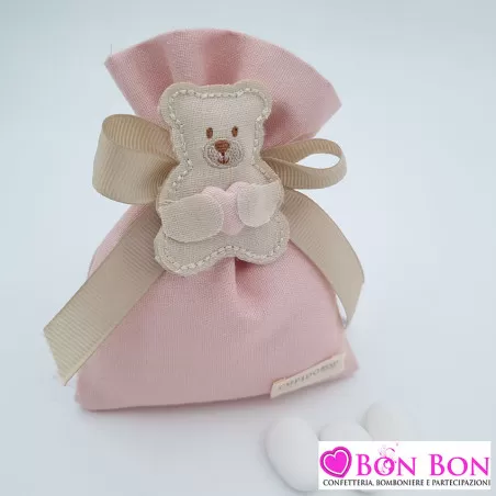 Sacchetto porta confetti nascita e battesimo con adesivo orsetto cotone rosa Cupido - 1