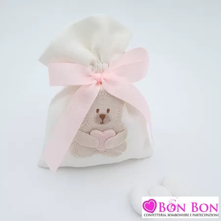 Sacchetto porta confetti nascita e battesimo con orsetto cucito rosa Cupido - 1