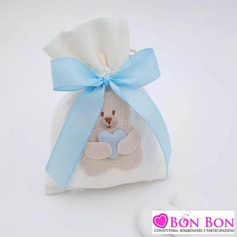Sacchetto porta confetti nascita e battesimo con orsetto cucito celeste Cupido - 1