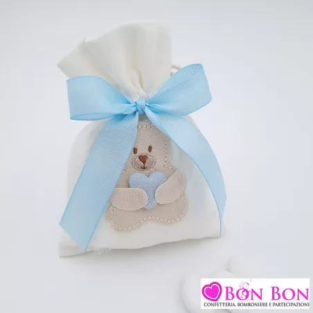 Sacchetto porta confetti nascita e battesimo con orsetto cucito celeste Cupido - 1