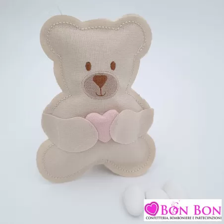 Sacchetto porta confetti nascita e battesimo sagoma orso con cuore rosa Cupido - 1