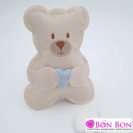 Sacchetto porta confetti nascita e battesimo sagoma orso con cuore celeste Cupido - 1