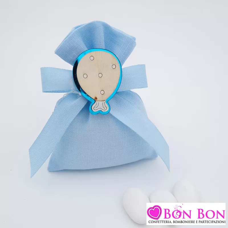 Sacchetto porta confetti nascita e battesimo in lino celeste con palloncino Royal Gifts - 1
