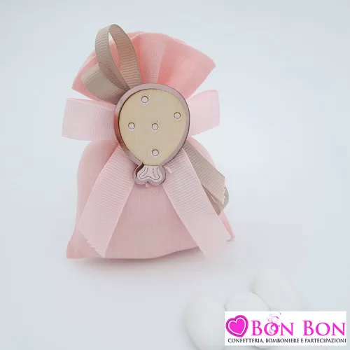 Sacchetto porta confetti nascita e battesimo in lino rosa con palloncino Royal Gifts - 1
