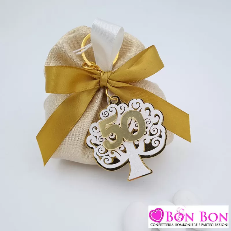 Sacchetto porta confetti nozze d´oro fagotto lame oro con portachiavi albero 50 Cupido - 1