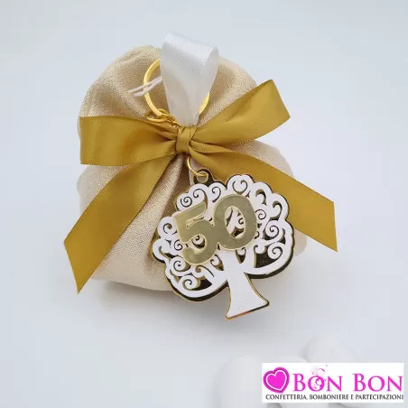 Sacchetto porta confetti nozze d´oro fagotto lame oro con portachiavi albero 50 Cupido - 1