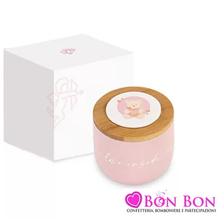 Bomboniera nascita e battesimo candela barattolino rosa Cupido - 1