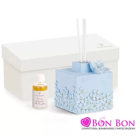 Bomboniera matrimonio profumatore azzurro con fiori glitterati Cupido - 1