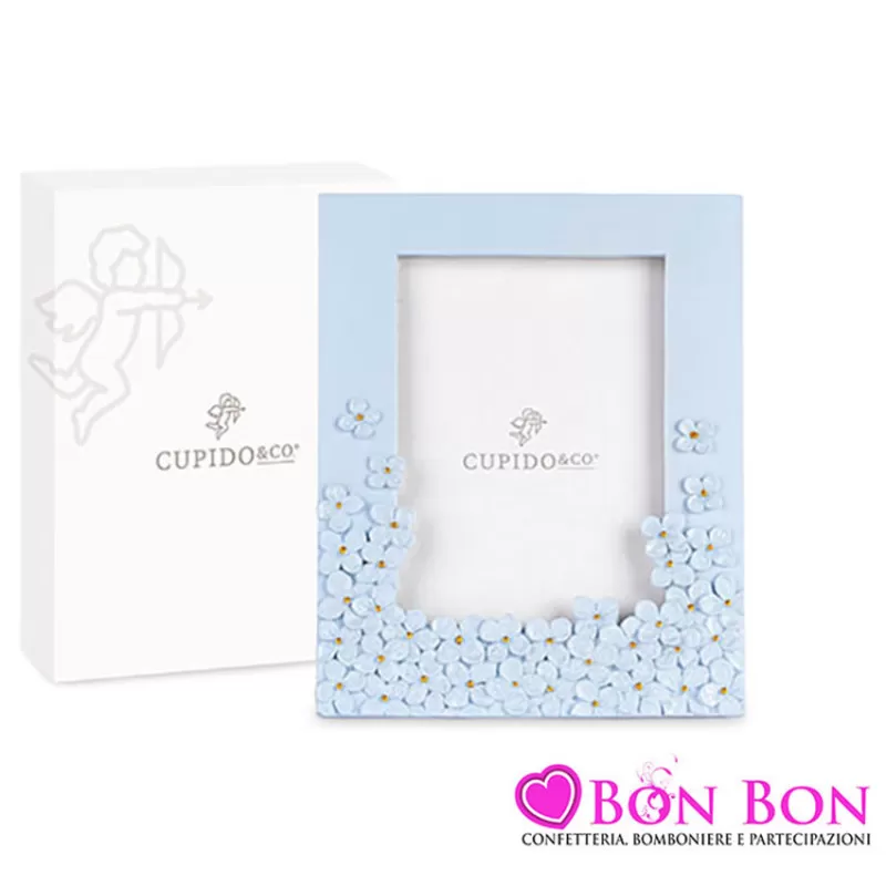 Bomboniera matrimonio portafoto azzurro con fiori glitterati Cupido - 1
