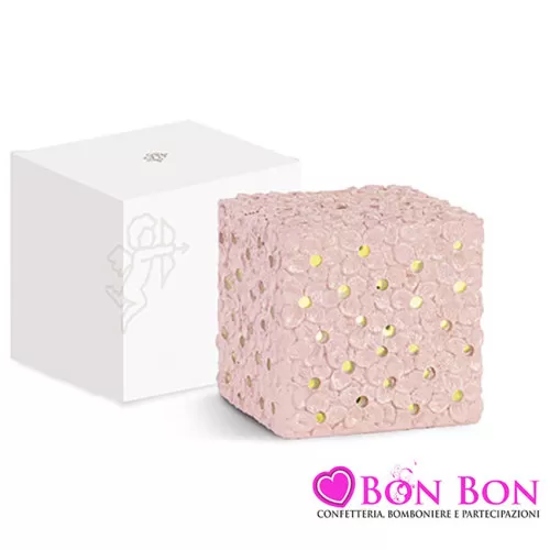 Bomboniera matrimonio cubo led cipria con fiori glitterati Cupido - 1