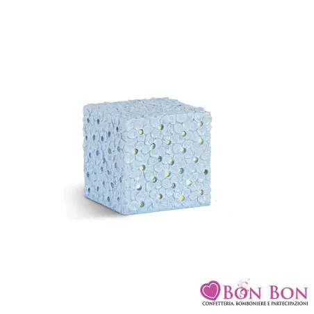 Bomboniera matrimonio cubo led azzurro con fiori glitterati Cupido - 1