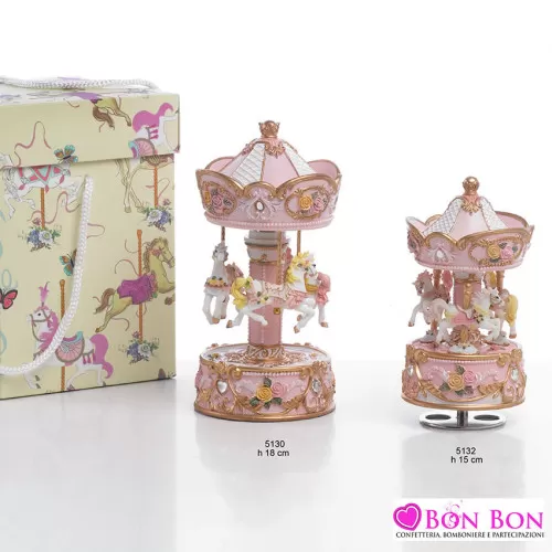 Bomboniera nascita e battesimo giostre con cavalli rosa in resina encantada Encantada - 1