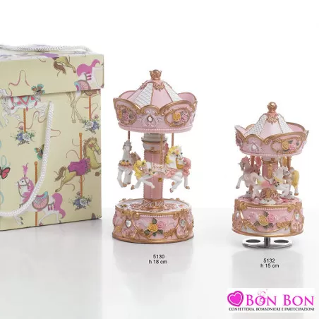 Bomboniera nascita e battesimo giostre con cavalli rosa in resina encantada Encantada - 1